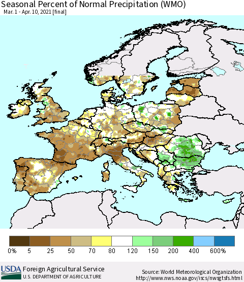 Europe Seasonal Percent of Normal Precipitation (WMO) Thematic Map For 3/1/2021 - 4/10/2021