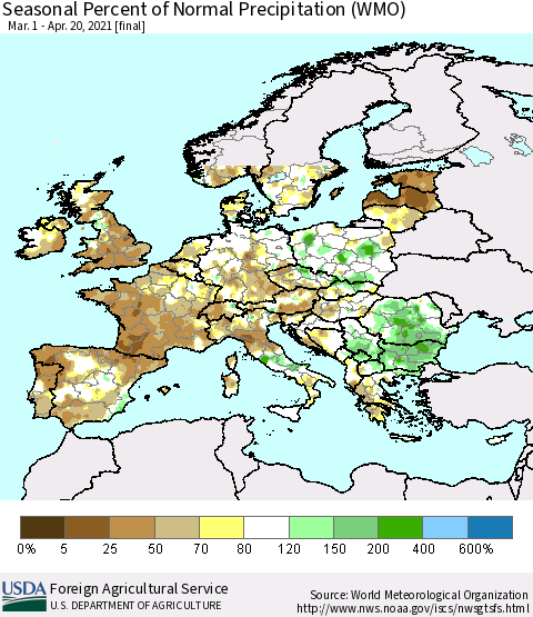 Europe Seasonal Percent of Normal Precipitation (WMO) Thematic Map For 3/1/2021 - 4/20/2021