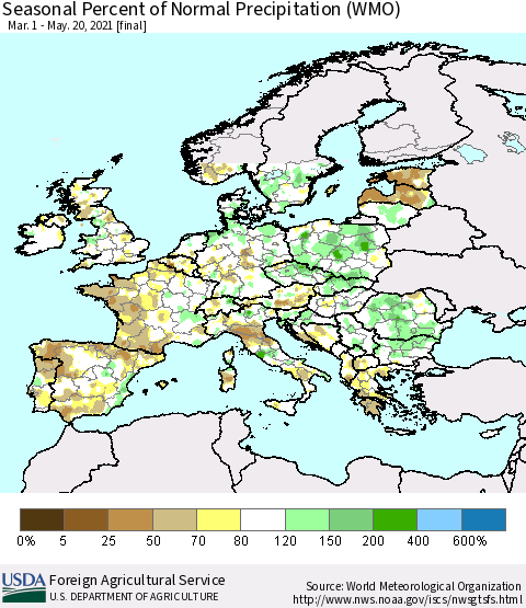 Europe Seasonal Percent of Normal Precipitation (WMO) Thematic Map For 3/1/2021 - 5/20/2021