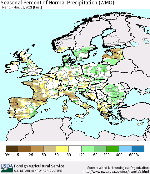 Europe Seasonal Percent of Normal Precipitation (WMO) Thematic Map For 3/1/2021 - 5/31/2021
