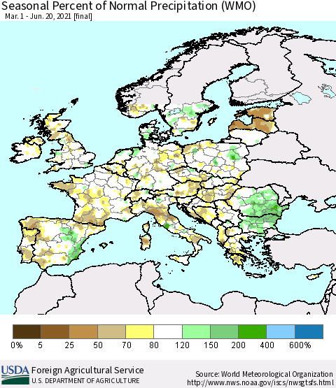 Europe Seasonal Percent of Normal Precipitation (WMO) Thematic Map For 3/1/2021 - 6/20/2021