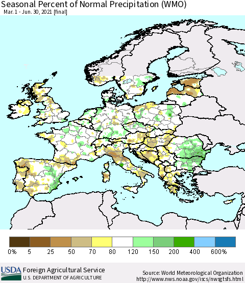 Europe Seasonal Percent of Normal Precipitation (WMO) Thematic Map For 3/1/2021 - 6/30/2021