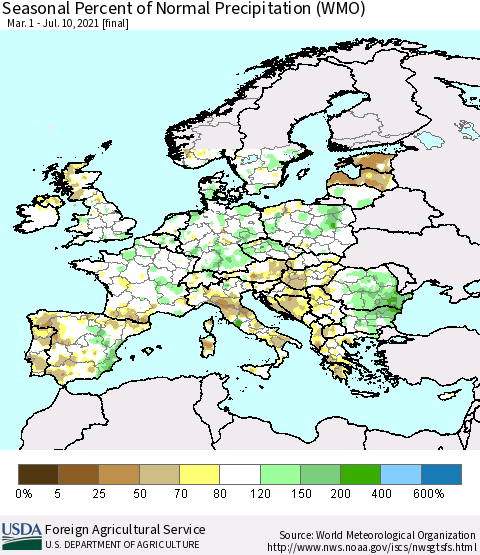 Europe Seasonal Percent of Normal Precipitation (WMO) Thematic Map For 3/1/2021 - 7/10/2021