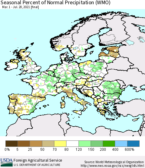Europe Seasonal Percent of Normal Precipitation (WMO) Thematic Map For 3/1/2021 - 7/20/2021