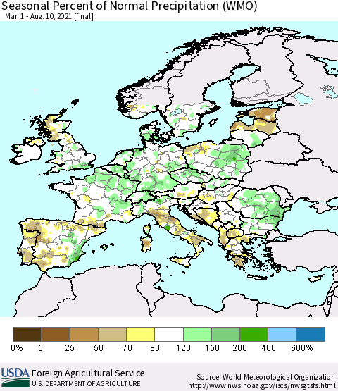 Europe Seasonal Percent of Normal Precipitation (WMO) Thematic Map For 3/1/2021 - 8/10/2021
