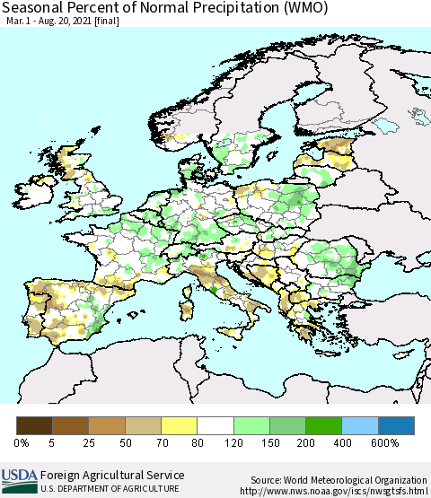 Europe Seasonal Percent of Normal Precipitation (WMO) Thematic Map For 3/1/2021 - 8/20/2021