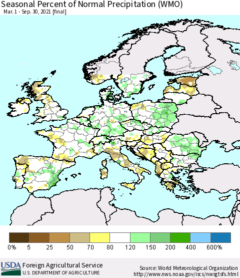 Europe Seasonal Percent of Normal Precipitation (WMO) Thematic Map For 3/1/2021 - 9/30/2021