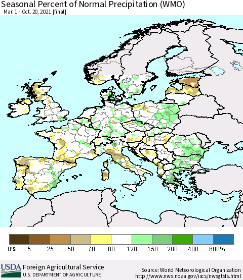 Europe Seasonal Percent of Normal Precipitation (WMO) Thematic Map For 3/1/2021 - 10/20/2021