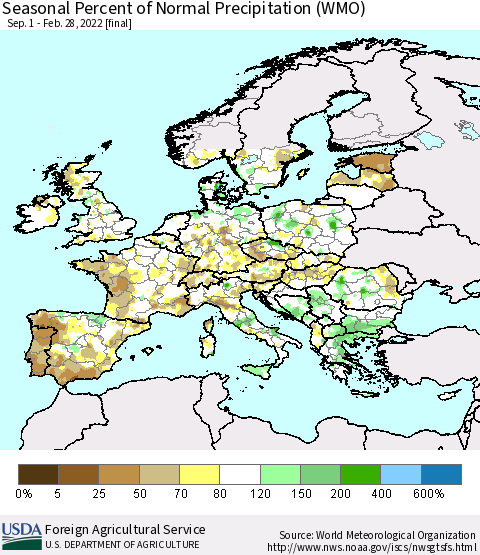 Europe Seasonal Percent of Normal Precipitation (WMO) Thematic Map For 9/1/2021 - 2/28/2022