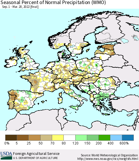 Europe Seasonal Percent of Normal Precipitation (WMO) Thematic Map For 9/1/2021 - 3/20/2022