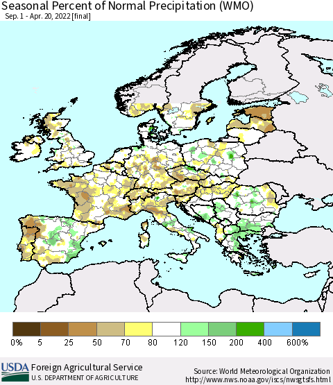 Europe Seasonal Percent of Normal Precipitation (WMO) Thematic Map For 9/1/2021 - 4/20/2022