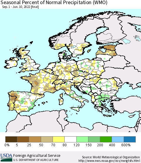 Europe Seasonal Percent of Normal Precipitation (WMO) Thematic Map For 9/1/2021 - 6/10/2022