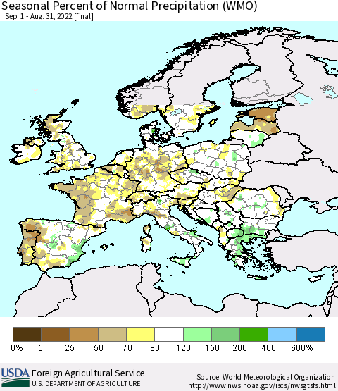 Europe Seasonal Percent of Normal Precipitation (WMO) Thematic Map For 9/1/2021 - 8/31/2022