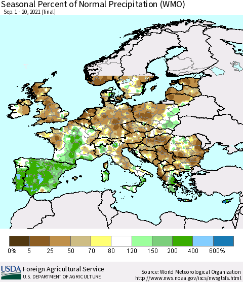 Europe Seasonal Percent of Normal Precipitation (WMO) Thematic Map For 9/1/2021 - 9/20/2021