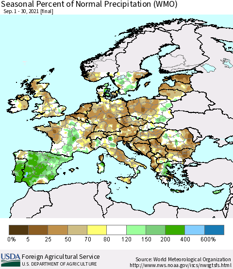 Europe Seasonal Percent of Normal Precipitation (WMO) Thematic Map For 9/1/2021 - 9/30/2021