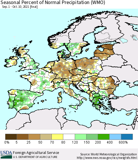 Europe Seasonal Percent of Normal Precipitation (WMO) Thematic Map For 9/1/2021 - 10/10/2021