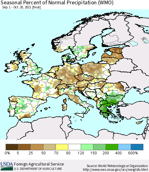 Europe Seasonal Percent of Normal Precipitation (WMO) Thematic Map For 9/1/2021 - 10/20/2021