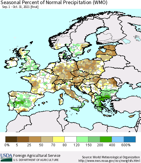 Europe Seasonal Percent of Normal Precipitation (WMO) Thematic Map For 9/1/2021 - 10/31/2021