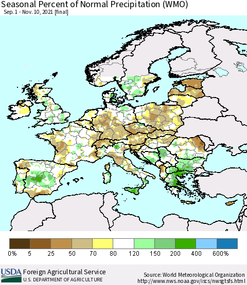 Europe Seasonal Percent of Normal Precipitation (WMO) Thematic Map For 9/1/2021 - 11/10/2021