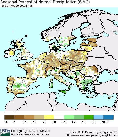 Europe Seasonal Percent of Normal Precipitation (WMO) Thematic Map For 9/1/2021 - 11/20/2021