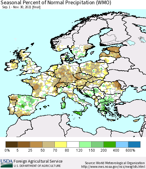 Europe Seasonal Percent of Normal Precipitation (WMO) Thematic Map For 9/1/2021 - 11/30/2021