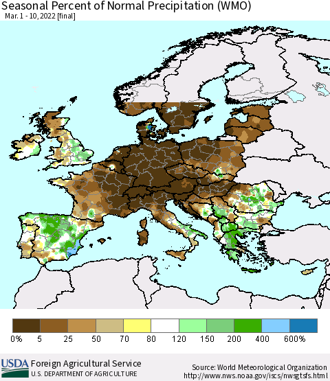 Europe Seasonal Percent of Normal Precipitation (WMO) Thematic Map For 3/1/2022 - 3/10/2022