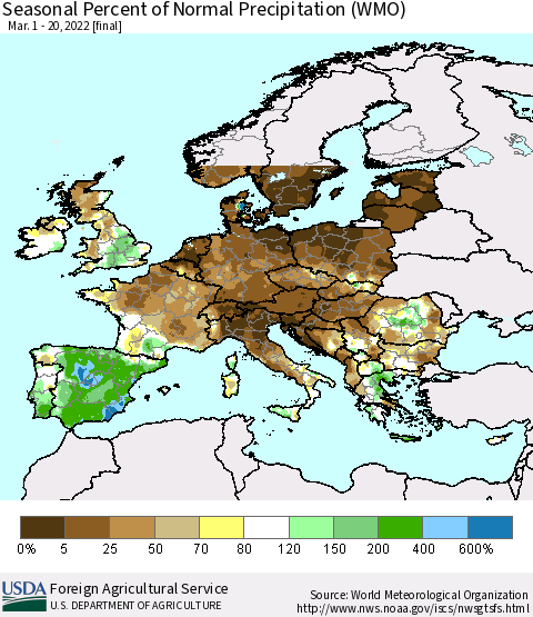 Europe Seasonal Percent of Normal Precipitation (WMO) Thematic Map For 3/1/2022 - 3/20/2022