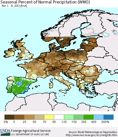 Europe Seasonal Percent of Normal Precipitation (WMO) Thematic Map For 3/1/2022 - 3/31/2022