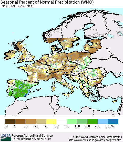 Europe Seasonal Percent of Normal Precipitation (WMO) Thematic Map For 3/1/2022 - 4/10/2022