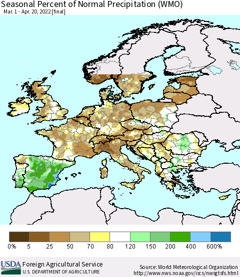 Europe Seasonal Percent of Normal Precipitation (WMO) Thematic Map For 3/1/2022 - 4/20/2022