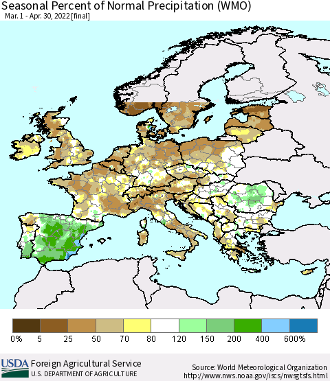 Europe Seasonal Percent of Normal Precipitation (WMO) Thematic Map For 3/1/2022 - 4/30/2022