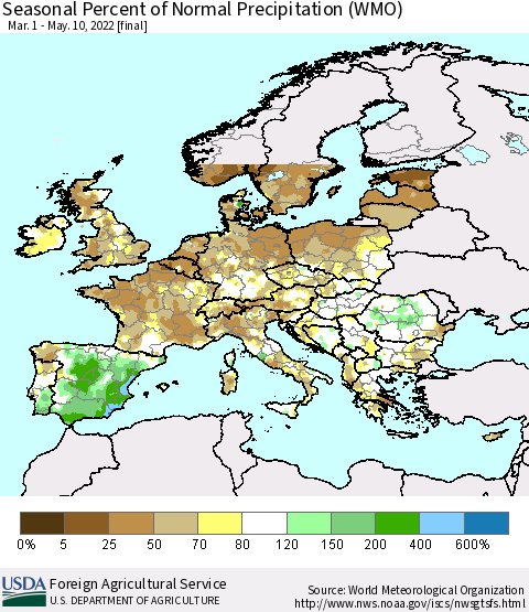 Europe Seasonal Percent of Normal Precipitation (WMO) Thematic Map For 3/1/2022 - 5/10/2022