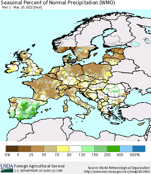 Europe Seasonal Percent of Normal Precipitation (WMO) Thematic Map For 3/1/2022 - 5/20/2022