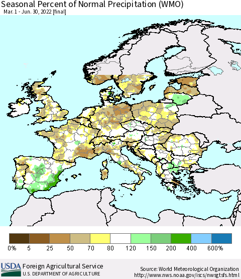 Europe Seasonal Percent of Normal Precipitation (WMO) Thematic Map For 3/1/2022 - 6/30/2022