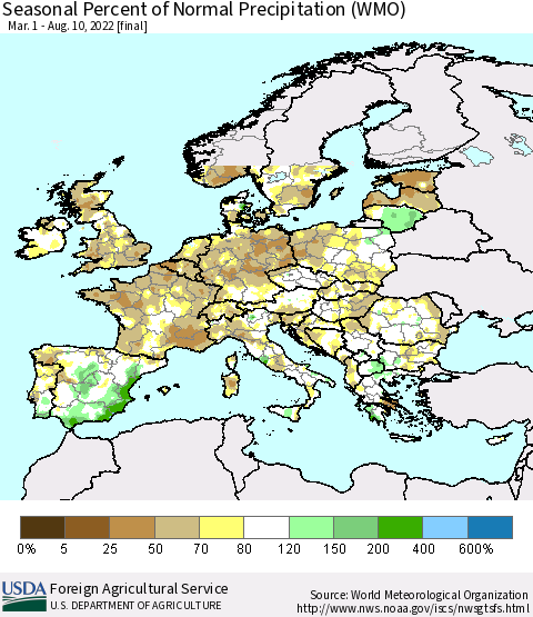 Europe Seasonal Percent of Normal Precipitation (WMO) Thematic Map For 3/1/2022 - 8/10/2022