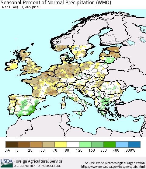 Europe Seasonal Percent of Normal Precipitation (WMO) Thematic Map For 3/1/2022 - 8/31/2022