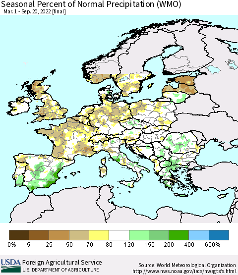 Europe Seasonal Percent of Normal Precipitation (WMO) Thematic Map For 3/1/2022 - 9/20/2022