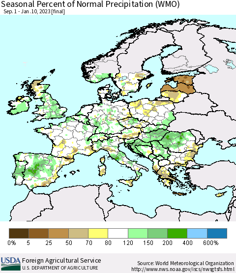 Europe Seasonal Percent of Normal Precipitation (WMO) Thematic Map For 9/1/2022 - 1/10/2023