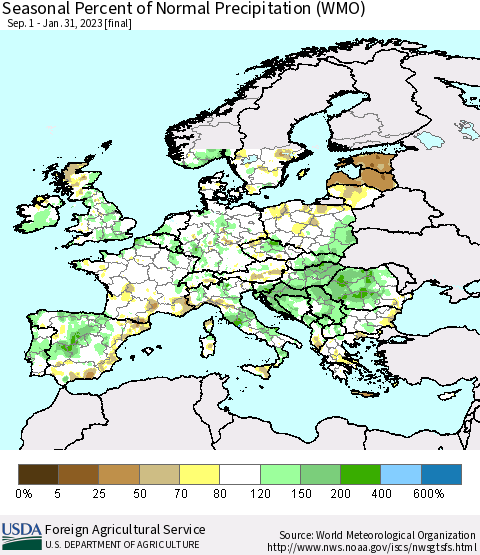 Europe Seasonal Percent of Normal Precipitation (WMO) Thematic Map For 9/1/2022 - 1/31/2023