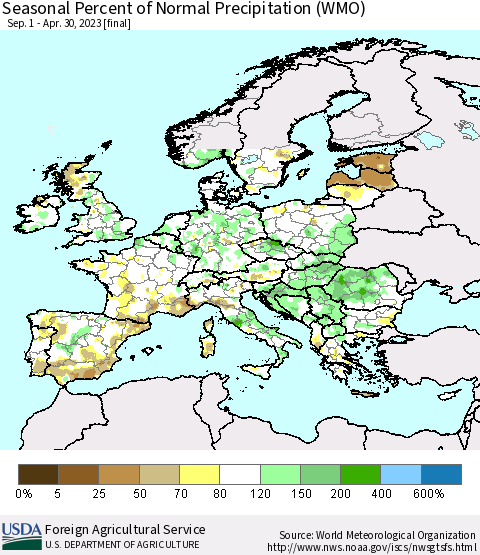 Europe Seasonal Percent of Normal Precipitation (WMO) Thematic Map For 9/1/2022 - 4/30/2023