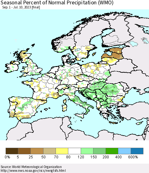 Europe Seasonal Percent of Normal Precipitation (WMO) Thematic Map For 9/1/2022 - 7/10/2023