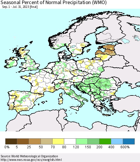 Europe Seasonal Percent of Normal Precipitation (WMO) Thematic Map For 9/1/2022 - 7/31/2023