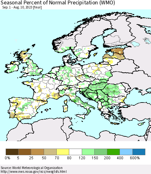 Europe Seasonal Percent of Normal Precipitation (WMO) Thematic Map For 9/1/2022 - 8/10/2023