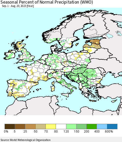 Europe Seasonal Percent of Normal Precipitation (WMO) Thematic Map For 9/1/2022 - 8/20/2023