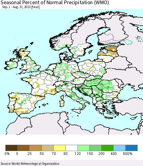 Europe Seasonal Percent of Normal Precipitation (WMO) Thematic Map For 9/1/2022 - 8/31/2023