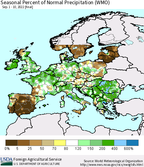 Europe Seasonal Percent of Normal Precipitation (WMO) Thematic Map For 9/1/2022 - 9/10/2022