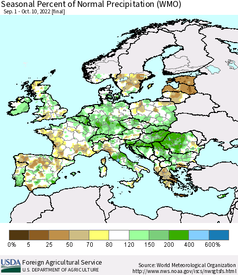 Europe Seasonal Percent of Normal Precipitation (WMO) Thematic Map For 9/1/2022 - 10/10/2022