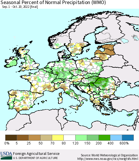 Europe Seasonal Percent of Normal Precipitation (WMO) Thematic Map For 9/1/2022 - 10/20/2022
