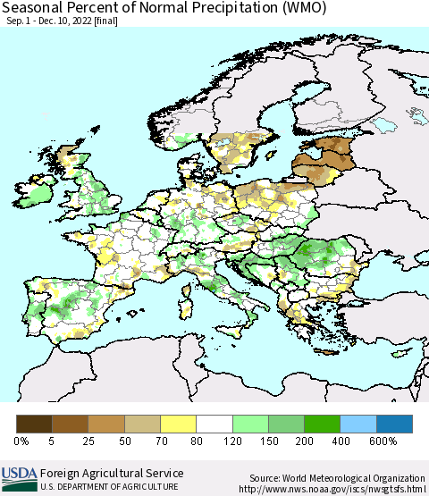 Europe Seasonal Percent of Normal Precipitation (WMO) Thematic Map For 9/1/2022 - 12/10/2022