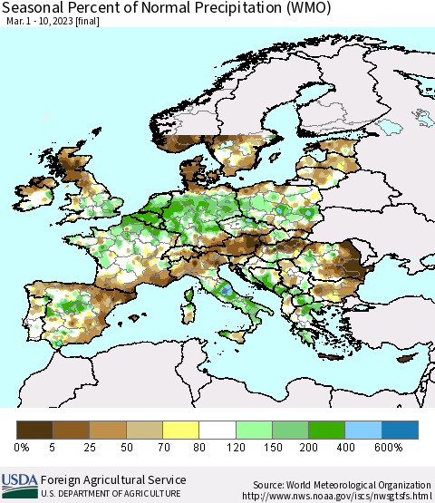 Europe Seasonal Percent of Normal Precipitation (WMO) Thematic Map For 3/1/2023 - 3/10/2023
